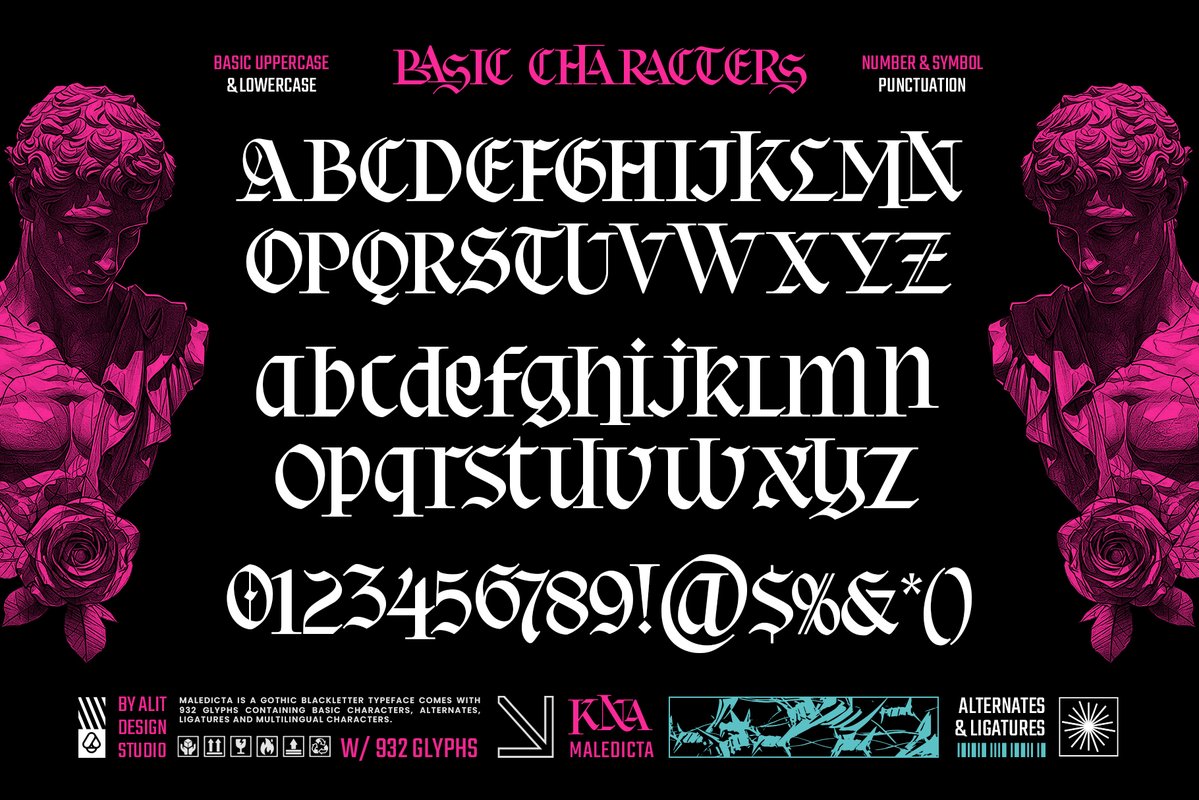 alitdesign's tweet image. Maledicta Typeface – A Bold Fusion of Medieval Power and Modern Precision. Inspired by classical European blackletter calligraphy and infused with sharp, contemporary geometric lines.

Link Download :
creativemarket.com/alitdesign/292…

#font #typeface #design