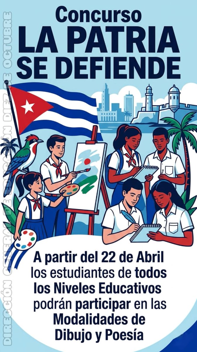 Estudiantes participen en el Concurso "La Patria se Defiende", estarás rechazando el bloqueo, la guerra y defendiendo la paz.
#CubaEstáFirme 
#CubaVencerá 
#LaHabanaViveEnMí