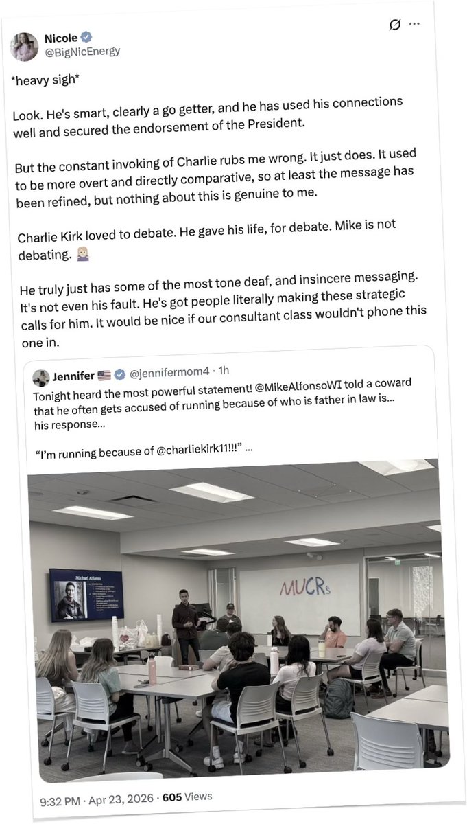 jnorcr's tweet photo. MAGAworld in #Wisconsin remains in turmoil when it comes to the controversial candidacy of nepo-baby Mike Alfonso.
All is not well in #TPUSA-land.
----
#GOPInfighting https://t.co/FTsR5o7rIg