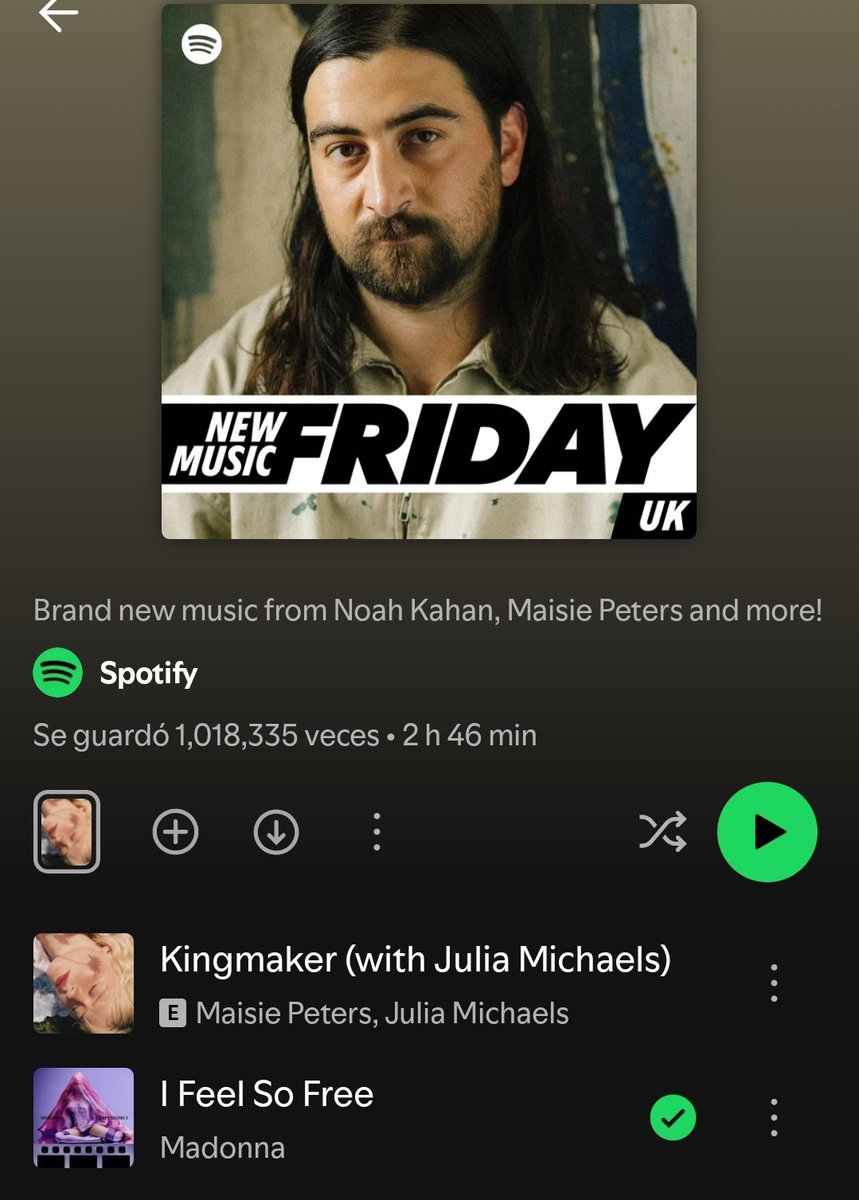 Yeah!!! .<a href="/Madonna/">Madonna</a>'s "I Feel So Free" added at #2 on <a href="/Spotify/">Spotify</a>'s "𝗡𝗲𝘄 𝗠𝘂𝘀𝗶𝗰 𝗙𝗿𝗶𝗱𝗮𝘆 𝗨𝗞" playlist!

Reach: 1M likes!!

open.spotify.com/playlist/37i9d…