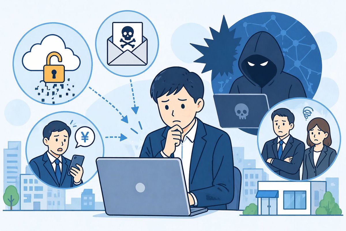 LittleSoft_tech's tweet image. （被害の例）
・クラウド設定ミスで顧客情報が漏えい
 ・取引先を装うメールでマルウェア感染
 ・社長アカウント乗っ取りで500万円送金
 「うちは狙われない」ではなく、「うちも起こり得る」で備える時代です。
 #セキュリティ #サイバー攻撃 #IT