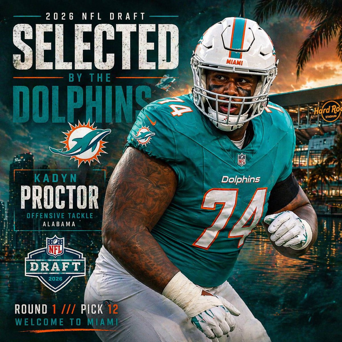 TheBamaStandard's tweet photo. With 12th pick in the 2026 NFL Draft, the @MiamiDolphins select Alabama offensive tackle Kadyn Proctor! 🔥

#CollegeFootball #RollTide #BamaFactor #FinsUp https://t.co/rPWTnaNWU3