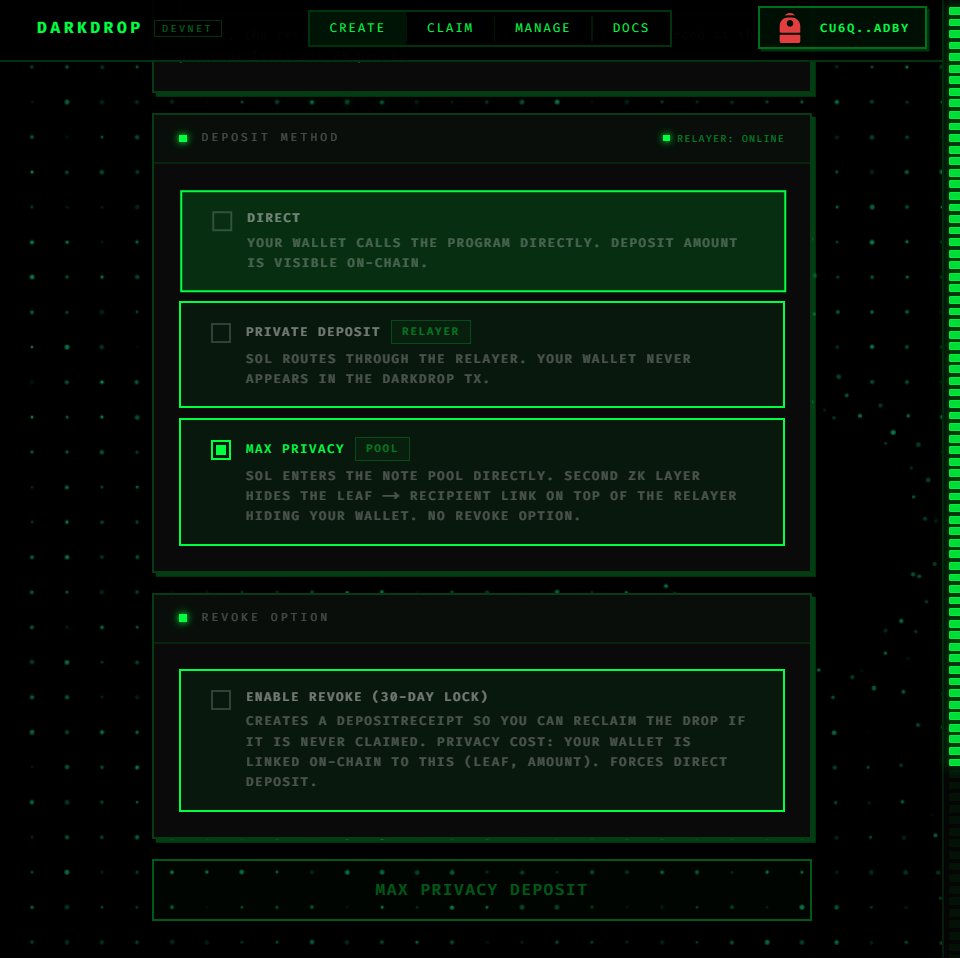 HitmanNoLimit's tweet photo. $DarkDrop Note Pool is live. Fully open source.

Shipped:
One-TX pool deposits
Root history 30 → 256 claim codes valid ~2 weeks
Two-step authority rotation + 24h time-lock
Audit #5: 0 CRITICAL / 0 HIGH / 0 MEDIUM

Pool tree now beats the main tree 2.3x (574 vs 248). MAX PRIVACY is the stronger path, mathematically, not just by design.

Code + audits: https://t.co/siOsqY3G0G
