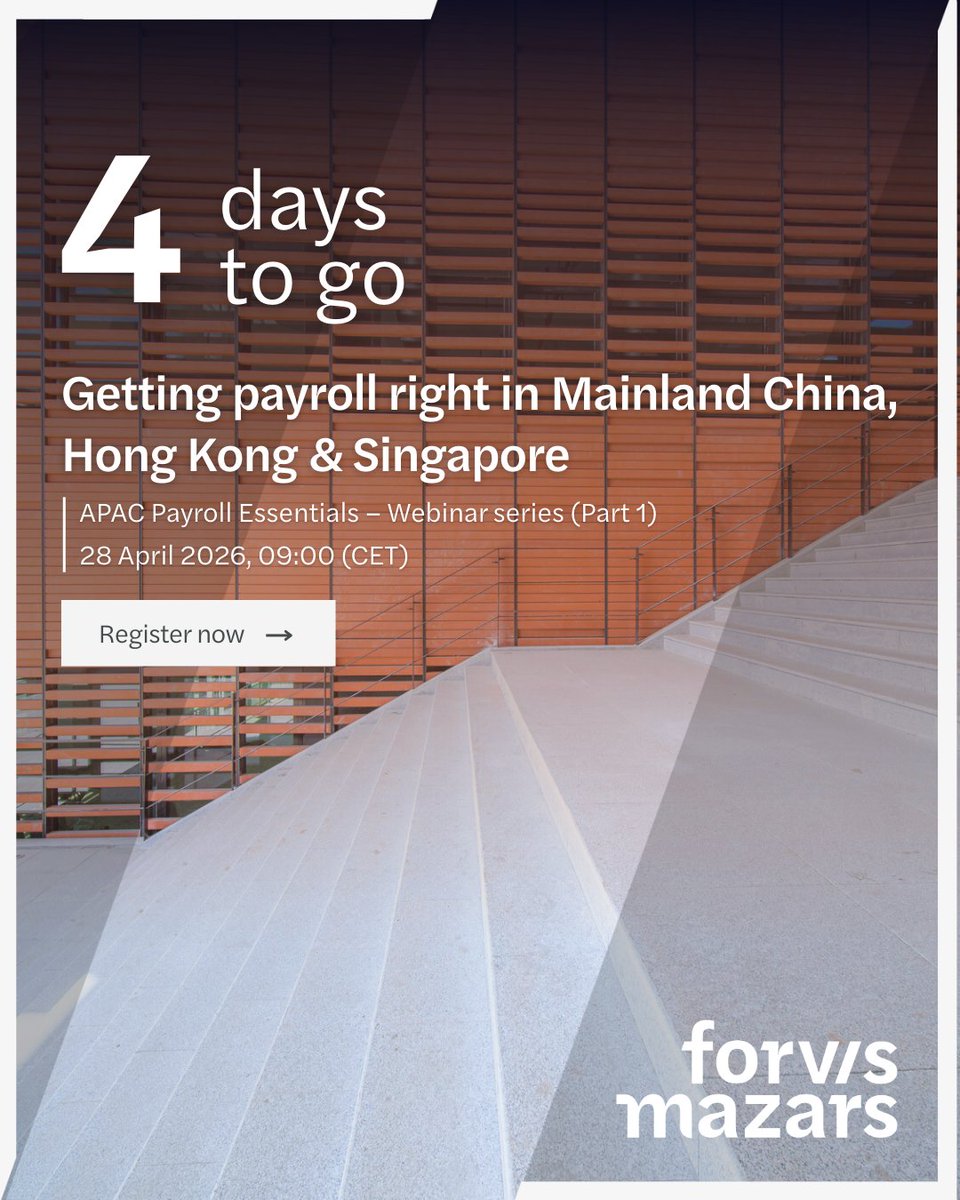 ForvisMazarsHK's tweet image. [#Webinar] Only 4 days left to register
Join payroll specialists from China, Hong Kong and Singapore as they share practical guidance to help new employers navigate payroll requirements with confidence.

📅 28 April | 15:00–16:00 PM HKT
👉 Register here: fvmz.rs/6041QoznT