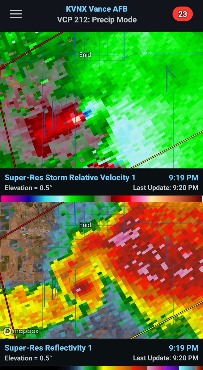 Boy that's scary when you can see the debris on radar! Stay safe all!! #tornado #OKWX #breckenridge #garber #Fairmont #route64 #OK TAKE COVER!!