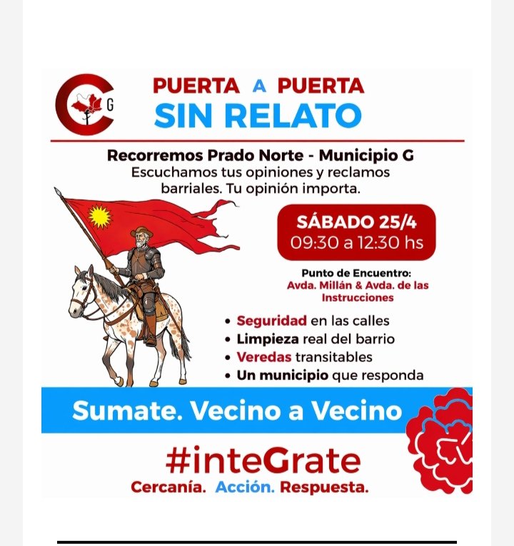 Recorremos Prado Norte con el <a href="/club_zonalG/">Club Zonal G</a> 
Escuchamos tus opiniones y reclamos barriales 
Tú opinión nos importa 
Éste sábado 25/4 hora 9.30
En Millán y Av de las Instrucciones 
#Integrate