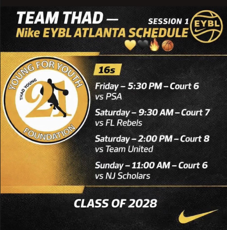 TjDuke2028's tweet photo. here’s my schedule for EYBL session one in Atlanta Georgia💛🖤 https://t.co/L6izfVXzUV