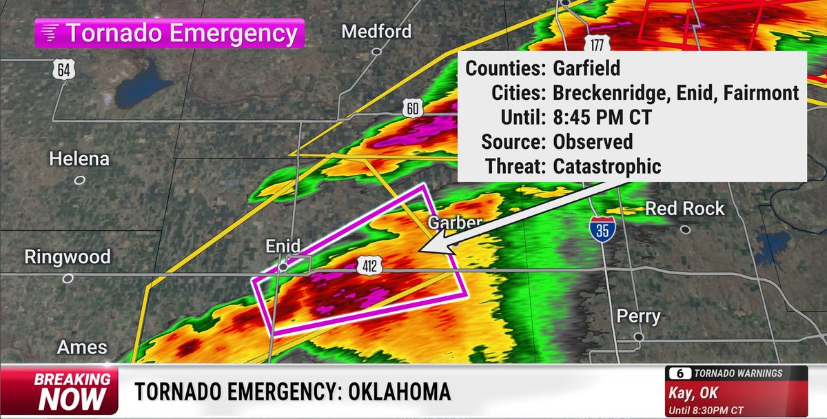 weatherchannel's tweet photo. BREAKING: A Tornado Emergency has been issued for Garfield County, Oklahoma, including Enid, Breckinridge, and Fairmont. This is a catastrophic threat to life and property. Take cover now and stay with The Weather Channel for live updates. https://t.co/Xq1hpCp18E