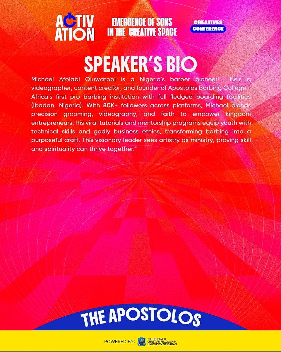 rcfui's tweet image. This visionary leader sees artistry as ministry, proving skill and spirituality can thrive together."
.
Catch the Apostolos live at Creatives' Conference 2026!. Register not to save yourself a seat; selar.com/a12k96p250
.
#Activation🔋