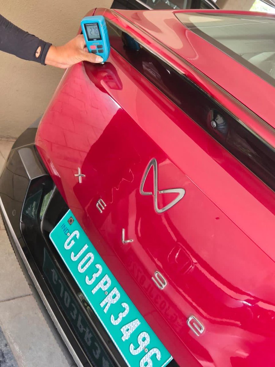 dmagrawal's tweet photo. @anandmahindra i have purchased mahindra XEV 9E, by paong 27 lakhs for new car, instead of new car - gallop motors of rajkot gave me repainted car, can you help, see color coating meter which shows the difference. https://t.co/i6ahvI4fas