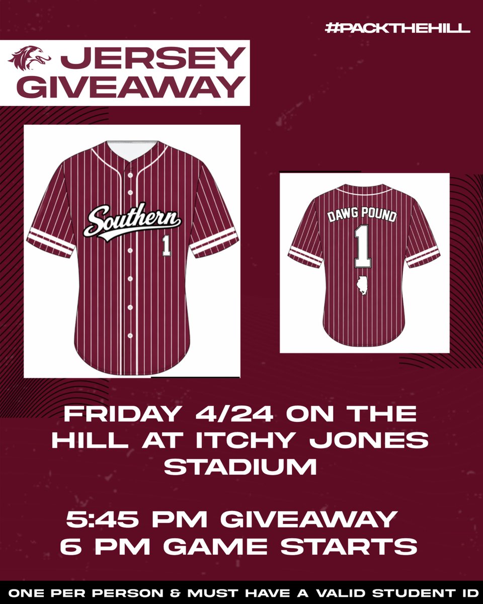 SIU_DawgPound's tweet photo. SURPRISE‼️
In honor of #HateMurray Weekend, Dawg Pound is giving away AUTHENTIC, button down jerseys at the game Friday, April 24th! 🙌
Giveaway starts at 5:45PM on the HILL!
Not able to make it tomorrow? We're also giving away jerseys at the softball game April 28th!
#Salukis https://t.co/S22MUkhw72
