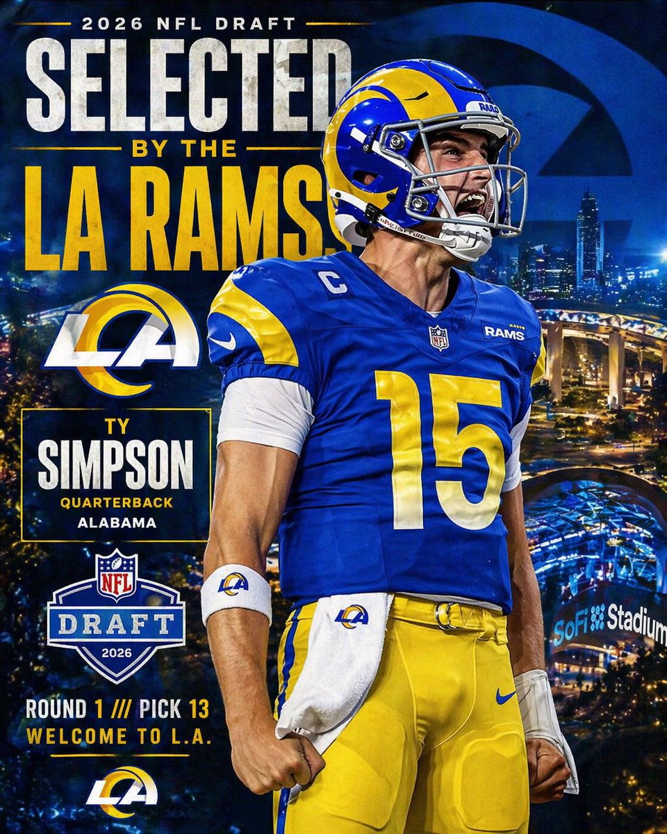 TheBamaStandard's tweet photo. With 13th pick in the 2026 NFL Draft, the @RamsNFL select Alabama quarterback Ty Simpson! 🔥

#CollegeFootball #RollTide #BamaFactor #RamsHouse https://t.co/OI8Eo3UAu6