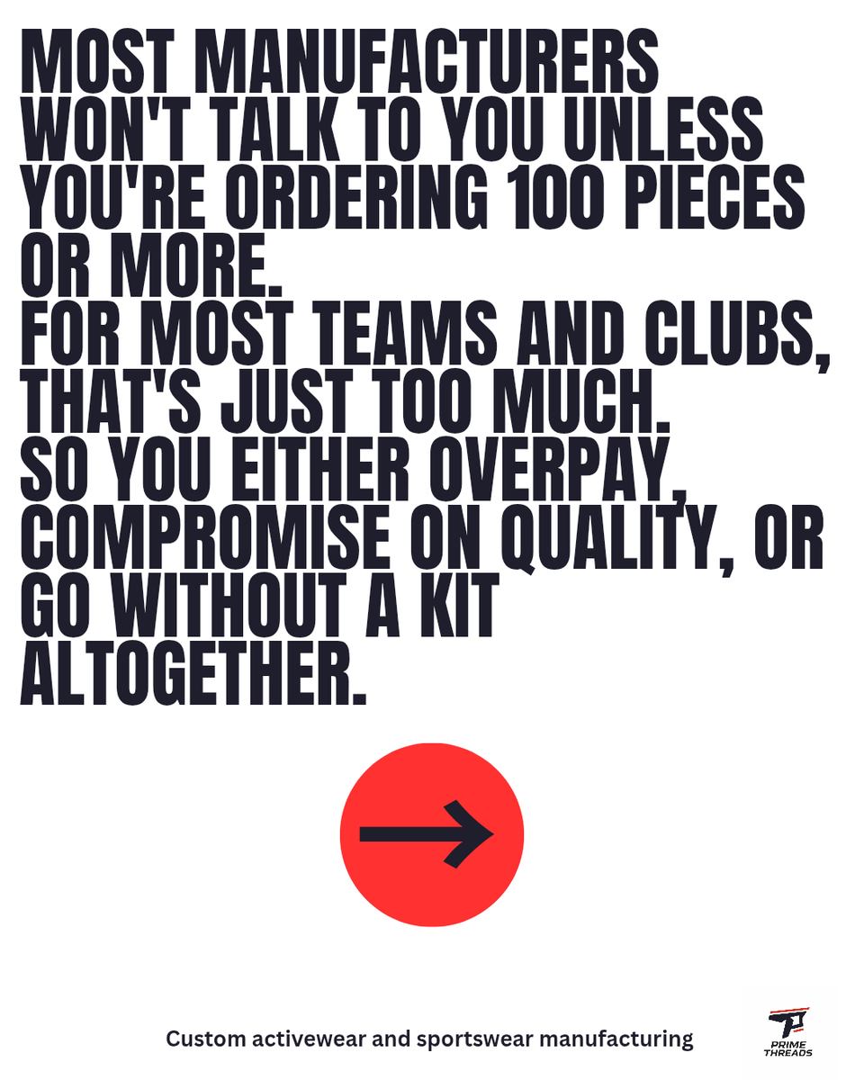 primethreadsmfg's tweet image. Most manufacturers won't work with you unless you're ordering 100+ pieces. We built Prime Threads differently. Low MOQ, premium quality, for every team big or small. DM us to get started 🏆
#customkit #teamwear #primethreads #customclothing #customsportswear