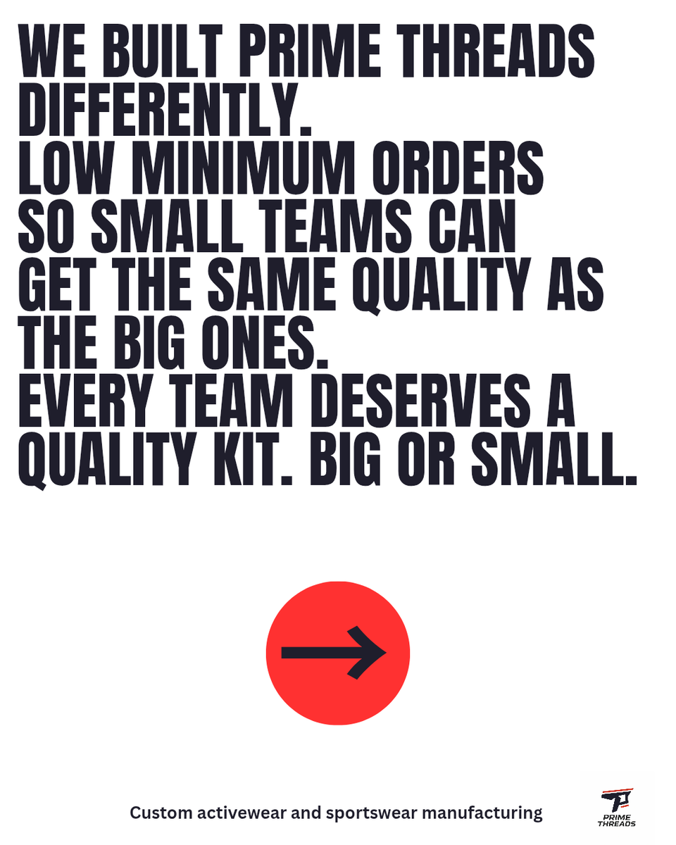 primethreadsmfg's tweet image. Most manufacturers won't work with you unless you're ordering 100+ pieces. We built Prime Threads differently. Low MOQ, premium quality, for every team big or small. DM us to get started 🏆
#customkit #teamwear #primethreads #customclothing #customsportswear