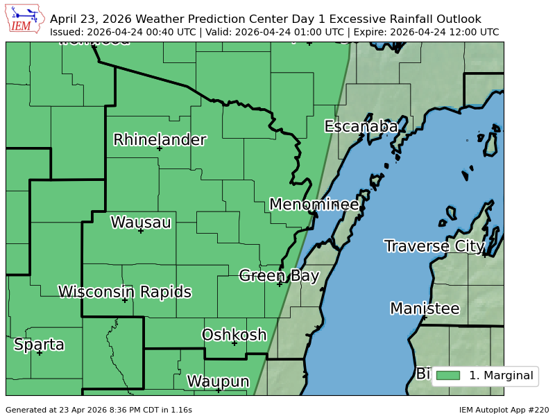 WPC issues Day 1 Marginal Risk Excessive Rainfall Outlook at Apr 24, 0:40z for GRB wpc.ncep.noaa.gov/qpf/excessive_…