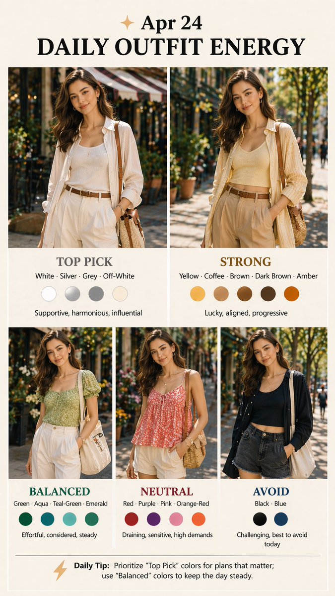 kunhaoguoxue's tweet image. Welcome to today's DAILY OUTFIT ENERGY(Apr 24), your daily guide to align your outfit with the five elements energy. #DailyOutfitEnergy #DailyOutfit #FengShuiTips #DailyEnergy #OutfitInspo #EnergyAlignment #EnergyOutfit