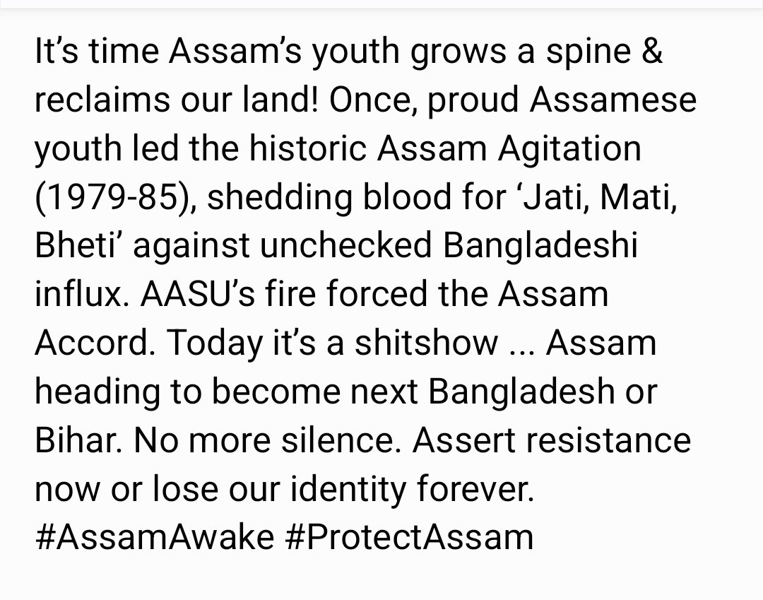 himangkar_b's tweet photo. Today it’s a shitshow,  Assam heading to become next Bangladesh or Bihar. No more silence. Assert resistance now or lose our identity forever. #AssamAwake #ProtectAssam" https://t.co/wDQ21TfJZm