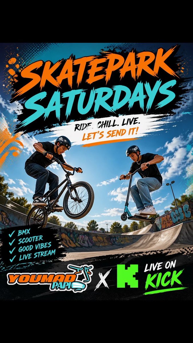 YouMadPapi's tweet image. Skatepark Saturdays!! 25/04/2026 
Starting around 12:30pm AEST!! Hope to see you there 🔥
Come hang out and see what’s going on!!! #livestream #bmx #scooter #kickstreaming #fyp @kickcommunity @UG_ESC