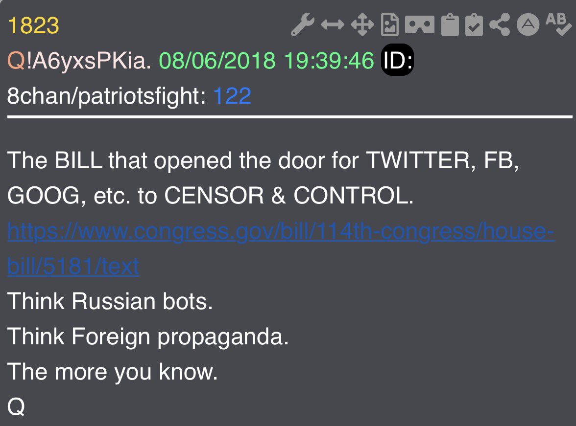 SmokingAces17's tweet photo. Potential #QProof?? 🤔

Ask yourself WHY would @realDonaldTrump LOVE TRUTH SOCIAL?

Timestamp 6:23 PM EST = 623, 1823

#QPost623

[D]
Twitter % owned?
Other ownership stakes in the US?
What happens if seized?
Who controls?
Who controls the controllers?
EO 12/21.
NEW puppet master.
Direction.
Not deal.
Hostage.
No choice.
Think others.
It’s what you don’t know.
Q

#QPost1823

The BILL that opened the door for TWITTER, FB, GOOG, etc. to CENSOR & CONTROL.
https://t.co/IqLL01hUvi
Think Russian bots.
Think Foreign propaganda.
The more you know.
Q