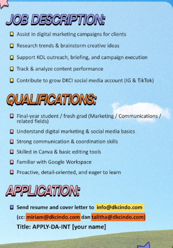 disiniloker's tweet photo. ๐ข Info lowongan kerja (loker)/Magang/Intern
DKCI Creative Marketing Agency
๐งโ๐ปDigital Agency Intern
๐ Kirim CV lamaran ke: info@dkcindo.com (cc to miriam@dkcindo.com & talitha@dkcindo.com).
#disinimagang #magang #internship #infomagang #infointernship https://t.co/KM1NW4nLRn