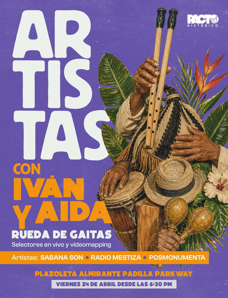 delmarpizarro's tweet photo. Las gaitas vuelven a sonar donde la ciudad se encuentra en la cultura viva. Este viernes 24 de abril, la tradición se mezcla con nuevas formas: Nos vemos desde las 6:30 pm en la plazoleta Almirante Padilla.
#ivancepeda #pacto #parkway #artistasconivan #petro https://t.co/XY5707XRgN