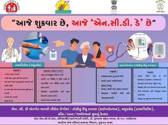 આજે શુક્રવાર છે, આજે NCD દિવસ છે.
આરોગ્ય સંસ્થાઓ ખાતે #NCD બિનસંચારી રોગો જેવા કે હૃદયરોગ,કિડની, મોઢા,સ્તન,ગર્ભાશયના મુખનું કેન્સર જેવી બીમારીઓના સ્ક્રીનિંગ કરી જરૂરી સારવાર -સલાહ આપવામાં આવશે. <a href="/CollectorBharch/">Collector & DM Bharuch</a> <a href="/DDOBHARUCH1/">DISTRICT PANCHAYAT BHARUCH</a>  <a href="/OfficerIec/">IEC: SBCC cell-Gujarat</a>
<a href="/HealthDeptGuj/">Health Department Gujarat</a>