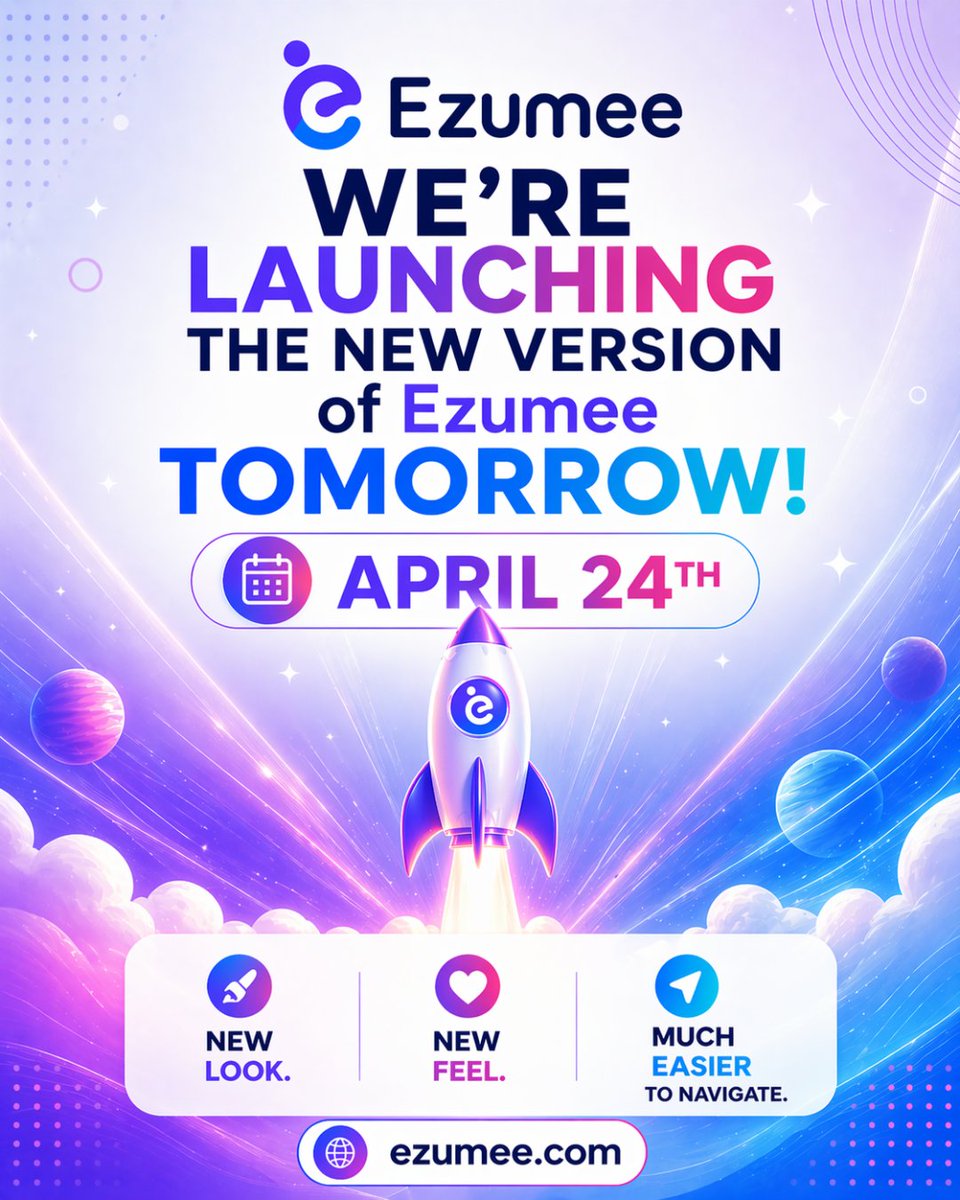 EzumeeGroups's tweet image. NEW Version of Ezumee oLaunch

We're launching the Version of our Community Meeting Up groups Platform Tomorrow, April 24th 2026

Totally Different.

Stay Tuned for an Amazing NEW Experience.

Together We ARE Community

#launch #launching #new #newversion #april24 #april24th