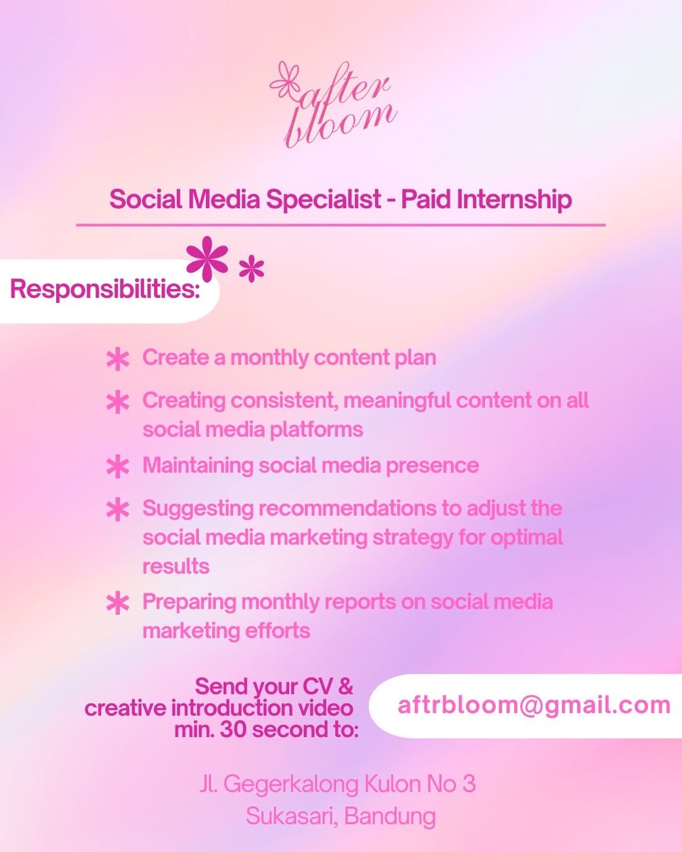 disiniloker's tweet image. 📢 Info lowongan kerja (loker)/Magang/Intern

Aftrbloom
🧑‍💻 Social Media Specialist
📍Gegerkalong, Bandung
🔗 Kirim CV &amp;amp; creative introduction video (min. 30 seconds) ke: aftrbloom@gmail.com
🗓️ Deadline: 30 April 2026

#disinimagang #magang #internship #infomagang #infointernship