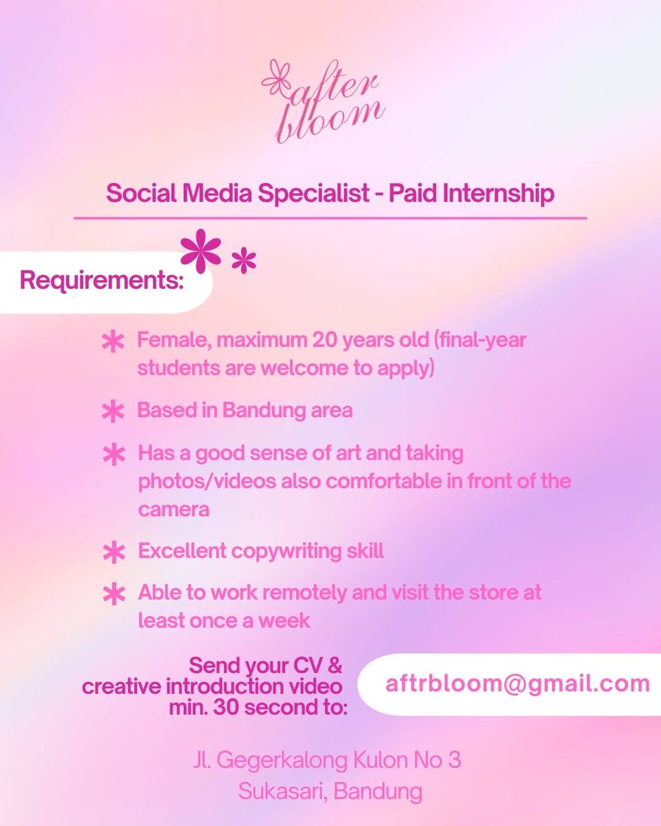 disiniloker's tweet image. 📢 Info lowongan kerja (loker)/Magang/Intern

Aftrbloom
🧑‍💻 Social Media Specialist
📍Gegerkalong, Bandung
🔗 Kirim CV &amp;amp; creative introduction video (min. 30 seconds) ke: aftrbloom@gmail.com
🗓️ Deadline: 30 April 2026

#disinimagang #magang #internship #infomagang #infointernship