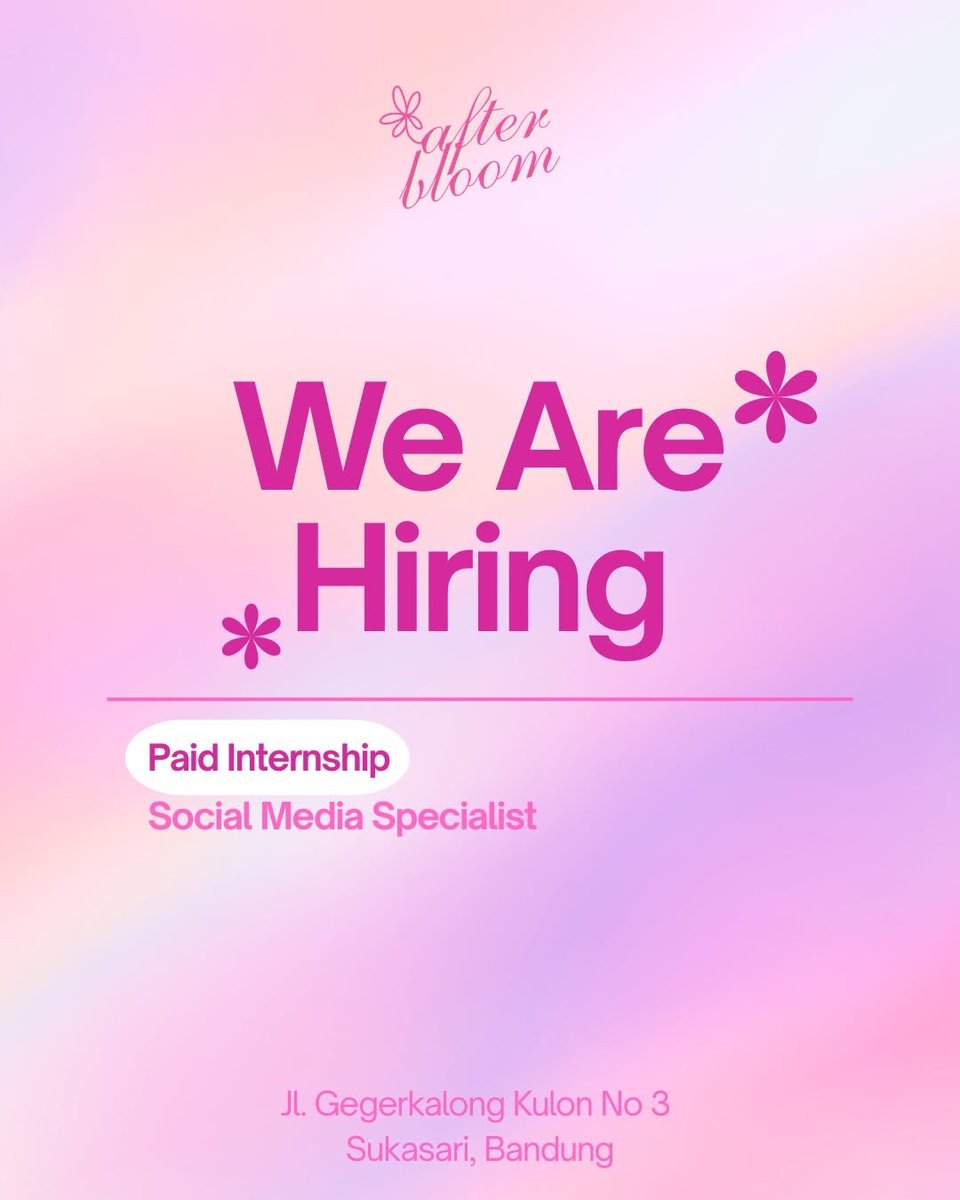 disiniloker's tweet image. 📢 Info lowongan kerja (loker)/Magang/Intern

Aftrbloom
🧑‍💻 Social Media Specialist
📍Gegerkalong, Bandung
🔗 Kirim CV &amp;amp; creative introduction video (min. 30 seconds) ke: aftrbloom@gmail.com
🗓️ Deadline: 30 April 2026

#disinimagang #magang #internship #infomagang #infointernship