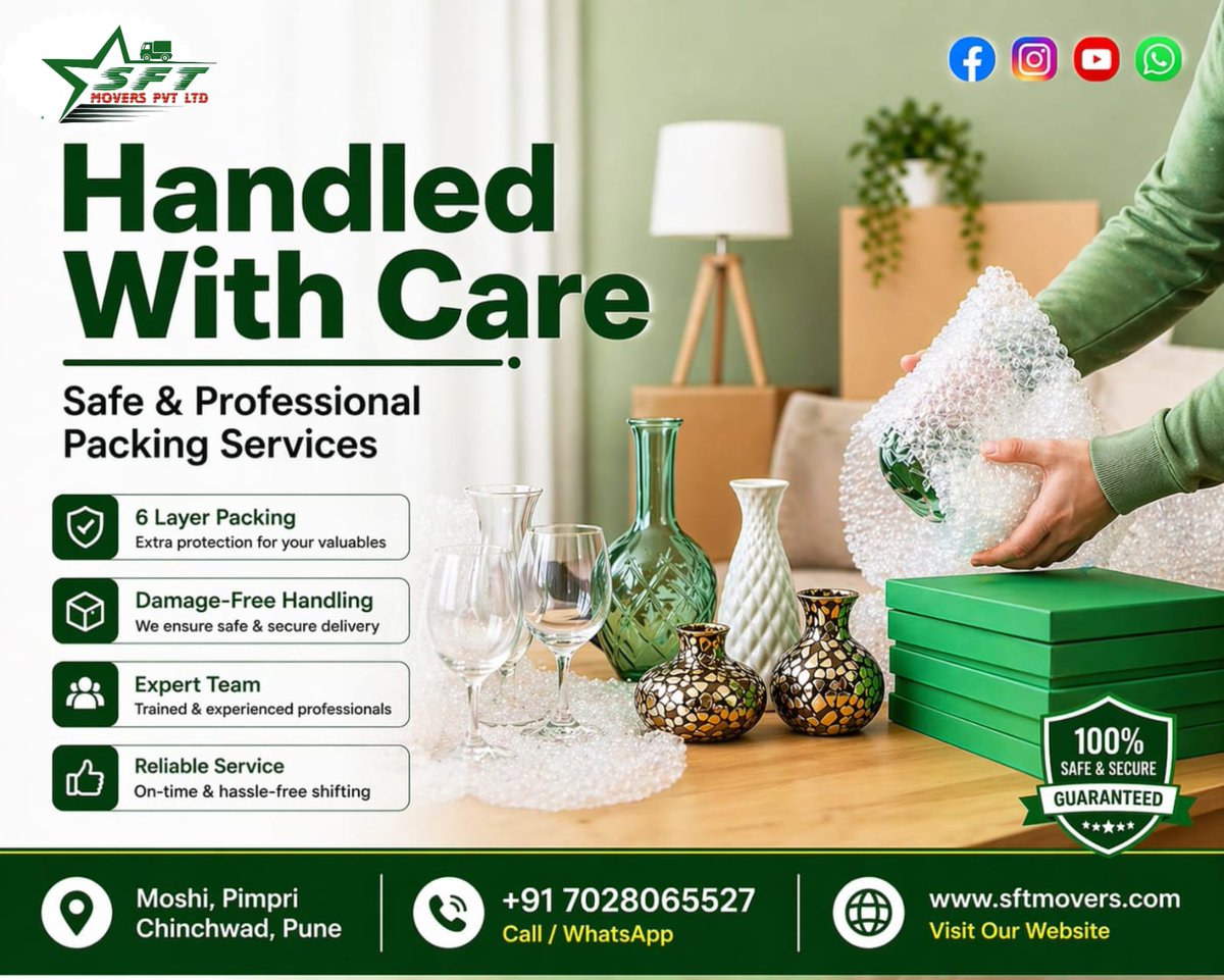 SftMovers's tweet photo. Handled With Care – Your Trusted Packing Experts! 
Moving your valuables? Trust the experts who handle every item with precision and care.
At SFT Movers Pvt Ltd, we ensure safe, secure &amp; damage-free packing services with advanced techniques and trained professionals.
#sftmovers https://t.co/v7aiVn4otM
