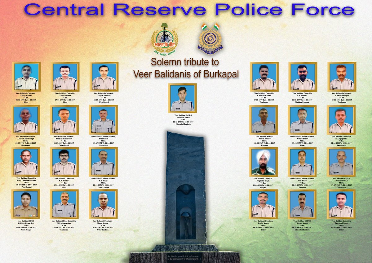 crpfindia's tweet image. DG and all ranks of #CRPF pay solemn tribute to the 25 bravehearts of 74 Bn who made the supreme sacrifice on this day in 2017.
​While securing road construction in Burkapal, Sukma, our troopers were ambushed by nearly 400 Maoists. Despite the heavy odds, they fought back with
