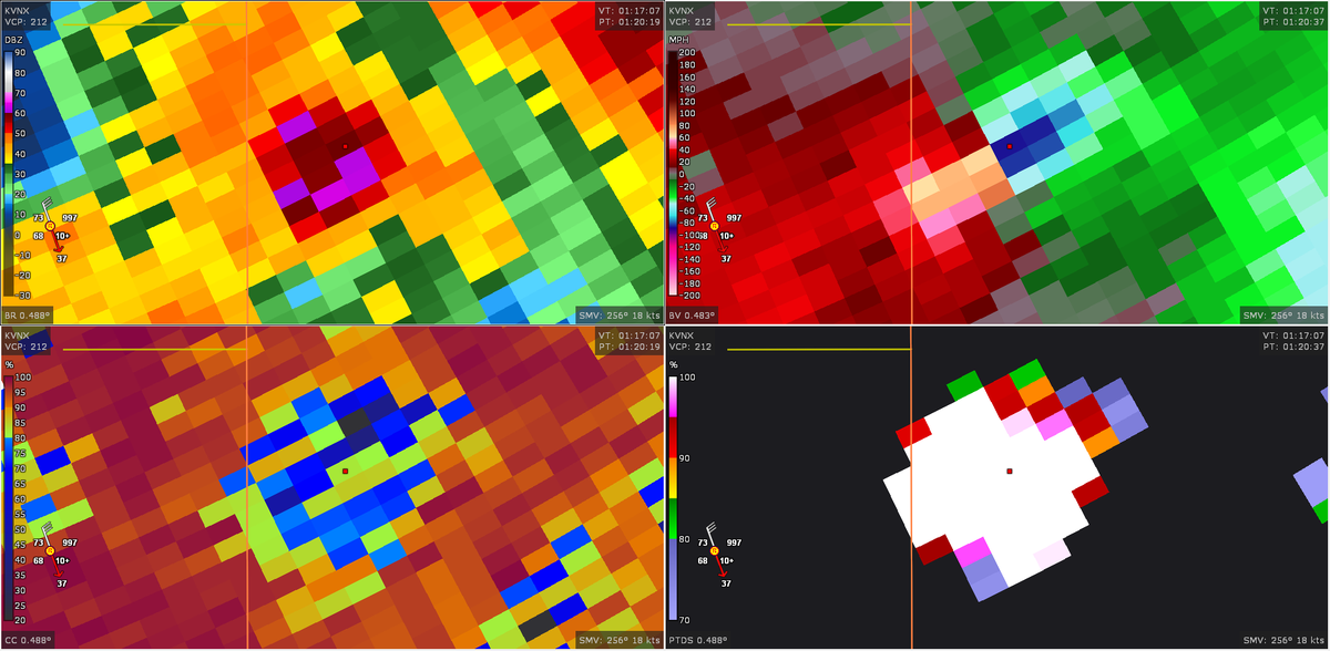 Vorticity4401's tweet image. A truly horrifying scenario as a very likely violent (EF4+) tornado struck Vance AFB in Enid, #okwx and many residential areas.

Debris was lofted from a range of 20,000-28,000ft ARL with a peak Vrot of 78.2 knots, and massive debris centrifuge akin to EF4+ tornadoes. #wxtwitter