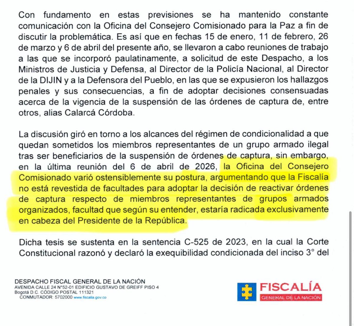 No sea descarada <a href="/PizarroMariaJo/">María José Pizarro Rodríguez</a>

La Fiscal General me certificó que el Gobierno, a través del Comisionado de Paz, argumentó que solo el Presidente puede reactivar las órdenes de captura contra los representantes de grupos armados. 

Su Gobierno tiene frenada la reactivación de