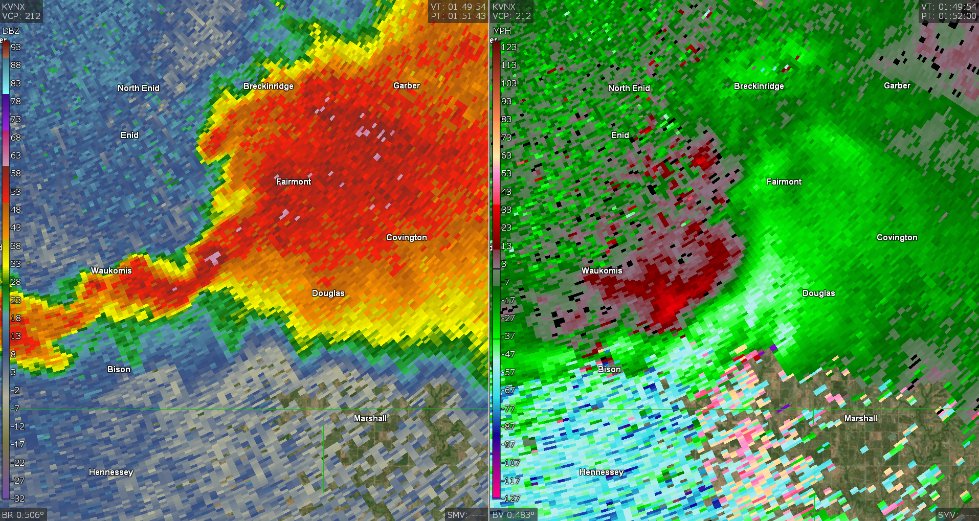 With the major Enid-area tornado having finally lifted, the same storm may be attempting to cycle to the S. 

Based on appearance and known damage photos, I think that this tornado is an EF4 rating contender. 

I really hope everyone made it to shelter in time.