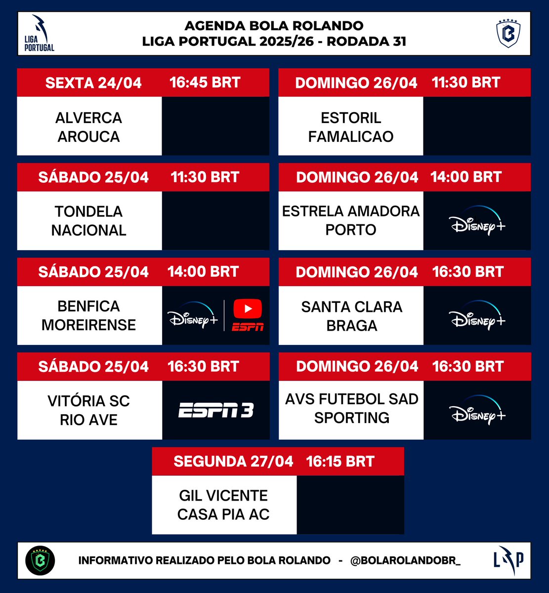 BolaRolandoBr_'s tweet image. ⚽️🇵🇹 #AgendaBolaRolando | Programação para assistir as partidas da Rodada 31 da #LigaPortugal.

➡️ Benfica - Moreirense no YouTube da #ESPN.

⚠️ Sujeito à alterações!