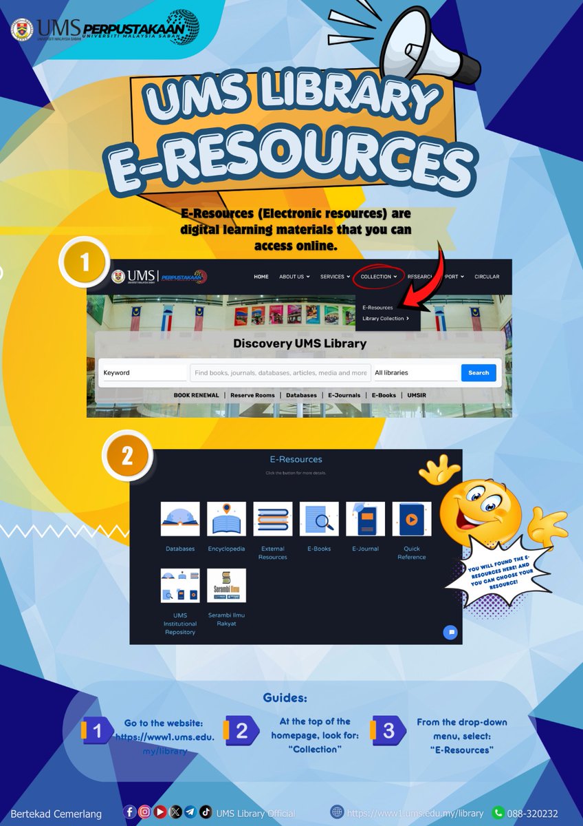 Lib_UMS's tweet photo. 💡Navigate, Explore &amp; Learn. Access UMS e-Resources Today!

Explore thousands of journals, articles, e-books, and academic databases. All accessible anytime, anywhere through the UMS Library website.
🌐https://t.co/LcabbSxfhq

🤗Enjoy discovering new knowledge!

#UMSLlibrary https://t.co/cBUztGzQFu