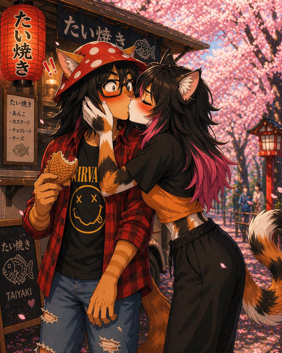 Gozaar98's tweet photo. Haruna and I hit the park and stopped by a taiyaki truck for my first try… she stole the first bite and had me feeling bummed out 😭🐟

…but then she gave me something way sweeter than taiyaki 💋😳🌸

#AIArt #Anthro #SFW #Taiyaki #FurryArt #OC Gozaar, Haruna https://t.co/Gi9VSYyZxv