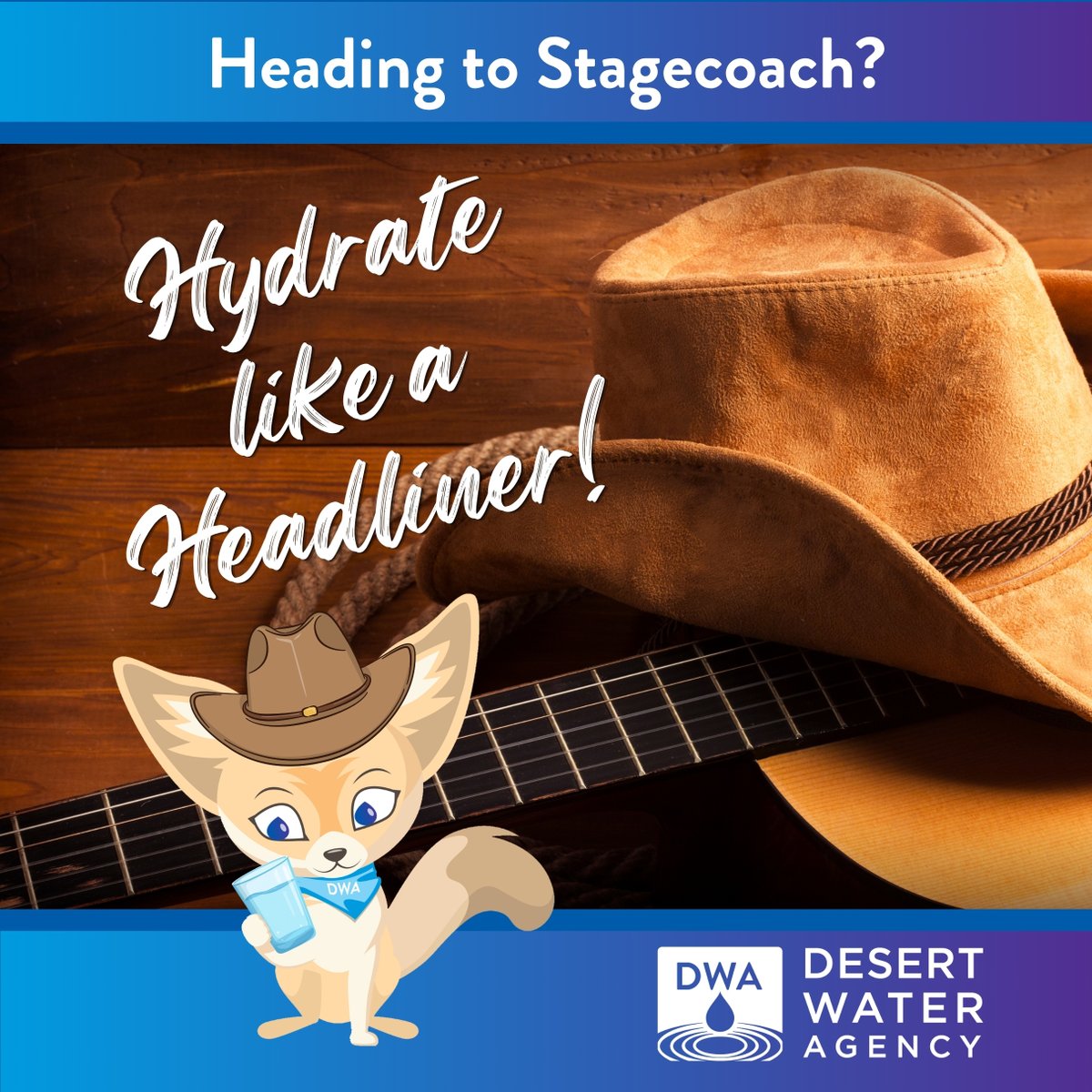 DWAwater's tweet image. "Heading to Stagecoach? 🤠 Don't miss your favorite set because of dehydration! 💦🌵 Pack your reusable bottle, soak your DWA bandana, and remember the 1-for-1 rule. #Stagecoach #DWA #StayHydrated"🐴