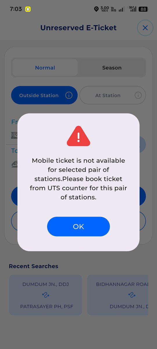 SayantanBa4084's tweet image. Patrasayer to Howrah tickets available, but Sealdah and Dum Dum tickets unavailable at counter/RailOne app. Kindly resolve.

@RailMinIndia @RailMadad @EasternRailway @serailwaykol @drmhowrah
#railmadat #problem #resolve
#Patrasayer #Sealdah #DumDum