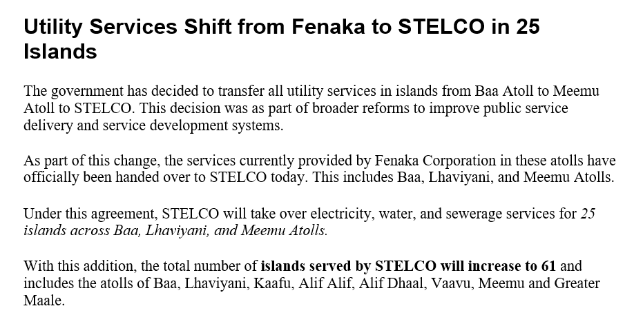 _mohamedimad's tweet image. The government has transferred utility services in 25 islands across Baa, Lhaviyani, and Meemu Atolls from STELCO to Fenaka, expanding STELCO’s national service network to 61 islands. #UtilityServices #PublicServiceReform #Infrastructure 

#VisitMaldives