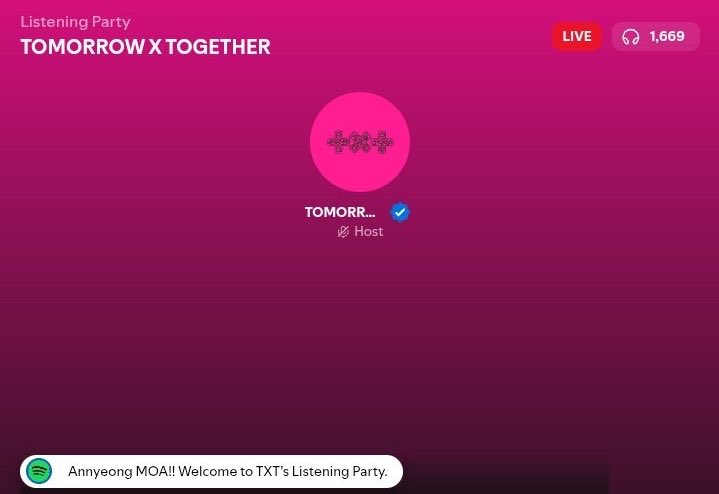 txtonmx's tweet photo. ¡La Listening Party de TXT en Spotify ha comenzado! 🌟

¡Únete ahora MOA! Los chicos estarán respondiendo preguntas en vivo.
https://t.co/xla6vb8tev https://t.co/RzmD17XsV6