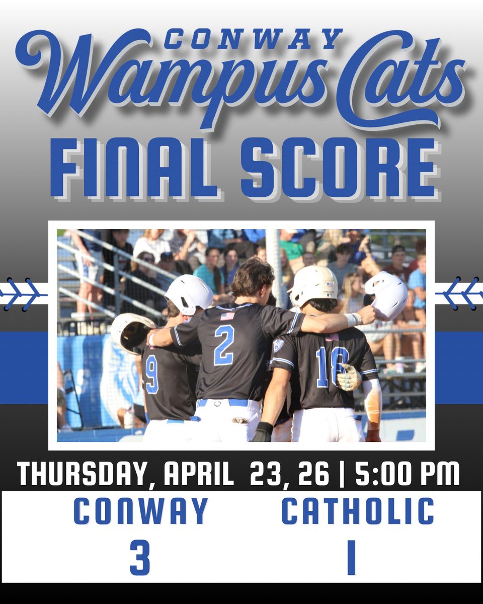 conwaybsbl's tweet photo. Cats (20-1, 11-1) sweep the series with Catholic. 

@stewartlondon14 5ip, 3h, 1er, 11k
@SilasCicero  2ip, 0h, 0r, 4k
@SimonAbel28 1-3, 2RBI
@WillUpton12 1-3, RBI

Next Up: Home Monday vs Morrilton

Go Cats! https://t.co/8SSZJ46UHF