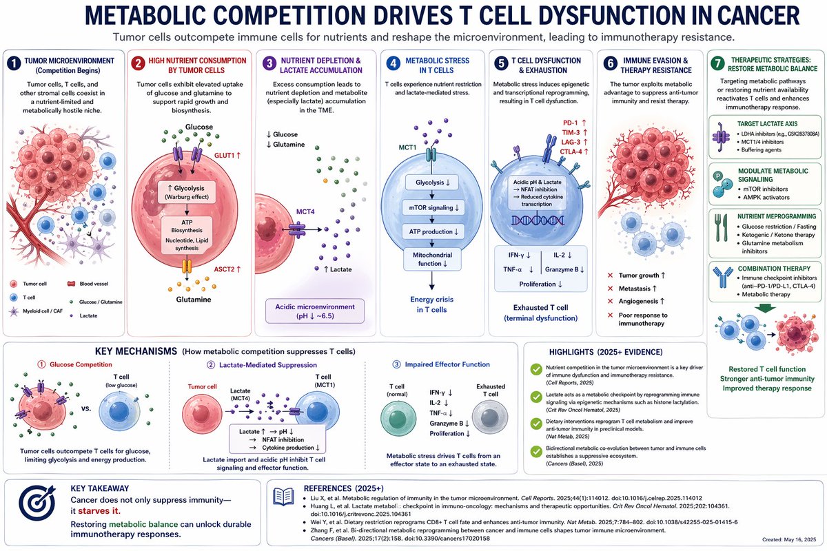 Immune evasion in cancer is not merely checkpoint-driven.
It is fundamentally governed by metabolic competition and signaling.
Key mechanisms

Nutrient competition
Tumor cells outconsume glucose and glutamine,
directly restricting T cell metabolic capacity.
Lactate as an immune