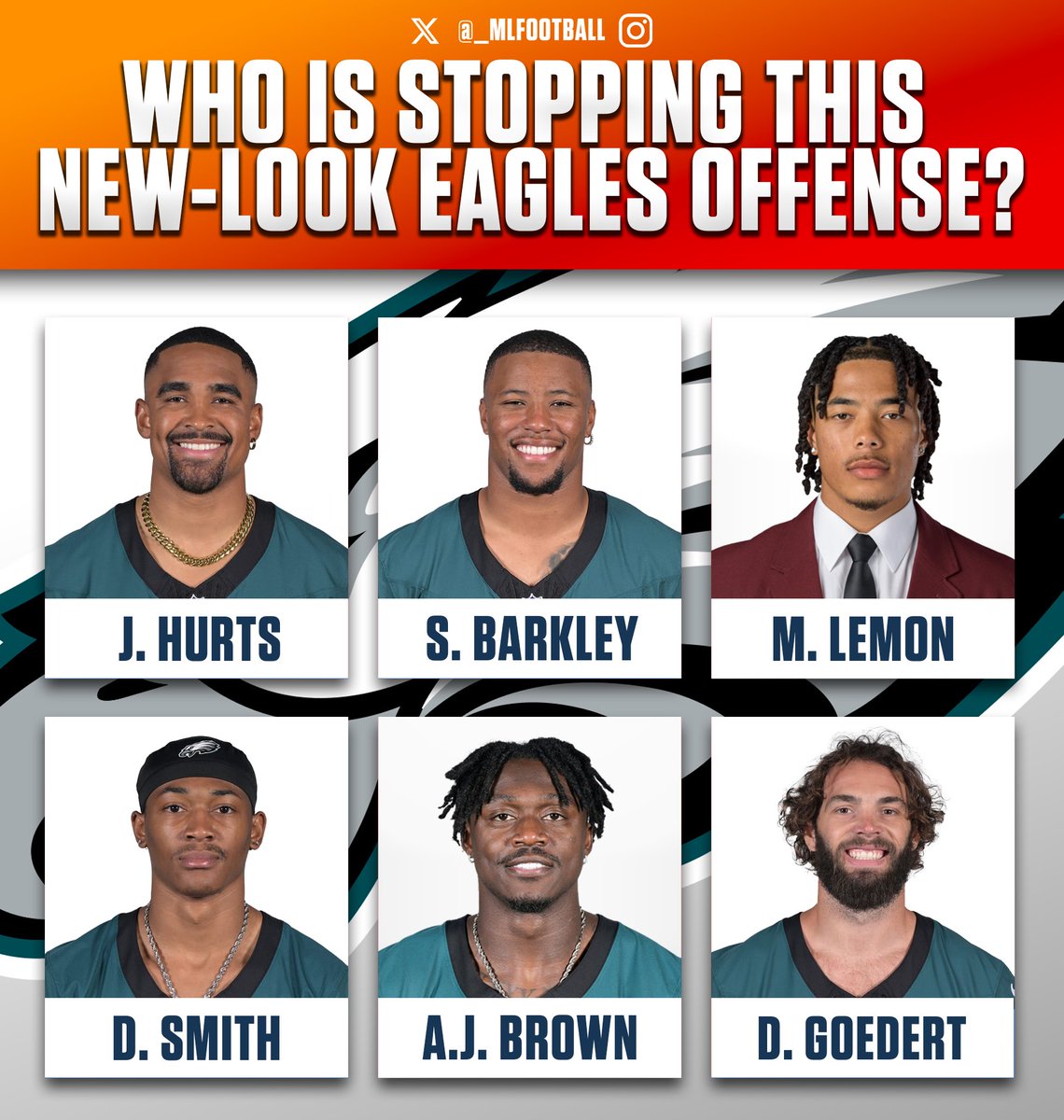 MLFootball's tweet image. WHO IS STOPPING THIS NEW LOOK PHILADELPHIA #EAGLES OFFENSE FROM WINNING THE SUPER BOWL…?

QB: Jalen Hurts
RB: Saquon Barkley
RB: Tank Bigsby
WR: AJ Brown
WR: DeVonta Smith
WR: Makai Lemon
WR: Dontayvion Wicks
WR: Dallas Goedert

🤔🤔🤔