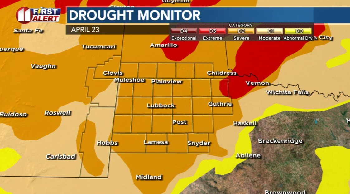 DivineWeather's tweet image. It's not just the heat, wind, &amp;amp; low rel. humidity. Dry fuels also contribute to the wildfire danger.
📷 1 and 📷 2: Current Drought Monitor
📷 3: Drought status one month ago

#lubbock #KCBD #fox34 #Texas #drought #usdrought #heat #wind #dry #wildfire #grasslandfire #NoBurn #fire