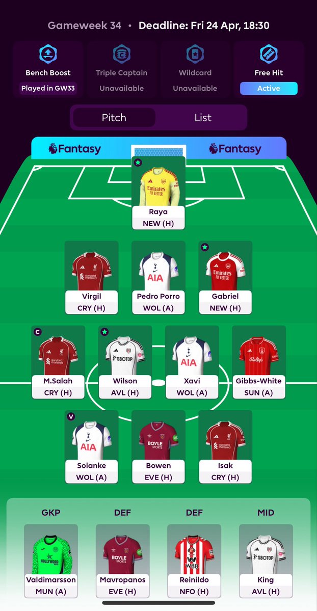 DevotedLFC97's tweet image. FPL Gameweek 34 Free Hit Team🔒 

Thoughts?
#FPL #Fantasypremierleague