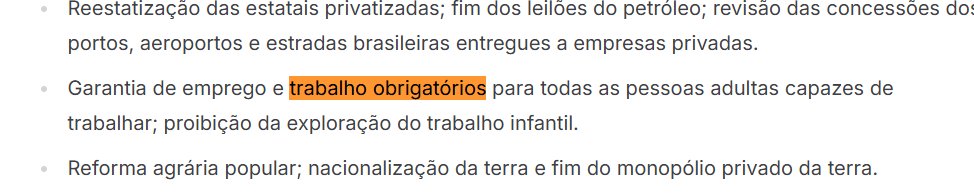 Fui ler o programa político oficial desse Unidade Popular pelo Socialismo (UP) da Samara Martins, e é bem curioso ver uma explícita e aberta defesa da escravidão como projeto para o país no século XXI.

Caso esse UP consiga fazer uma revolução, o Estado vai te obrigar a trabalhar