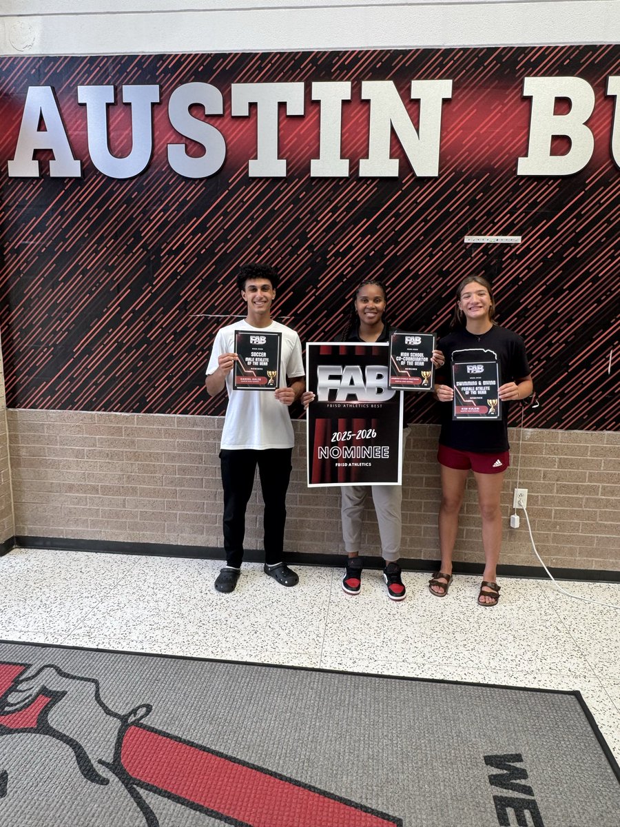 AHSBulldogs's tweet photo. We are proud to have three more FAB Awards nominations 

🏆 Daniel Salib — Male Soccer Athlete of the Year
🏊 Kim Kulow — Female Swim &amp; Dive Athlete of the Year
👏 Coach Hartman — High School Co-Coordinator of the Year

@SFAHS_Bulldogs @FBISDAthletics 

#AustinBulldogs #FABAwards https://t.co/uFT8uwNZvY