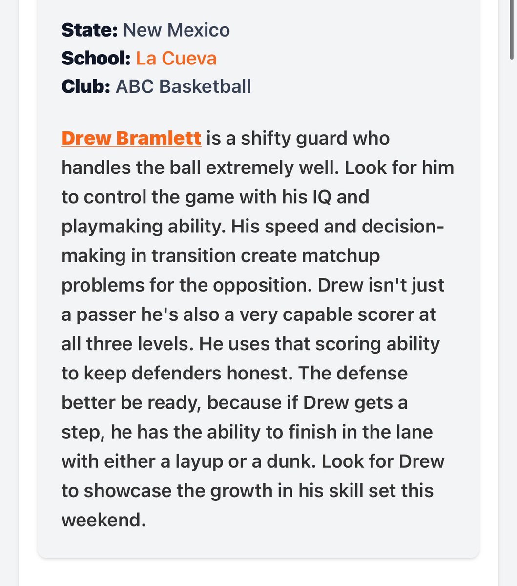 DrewBramlett's tweet photo. Thank you @Coach_JNunez for the write up. Excited to go hoop with the guys in the @KJ_Ford4 classic. @AbcSpotlightNM @coach_bmase https://t.co/T9WW04Qii3